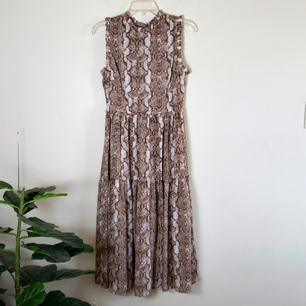 Everleigh snake print flirty midi dress, ruffle trim, tiered, women's size XS